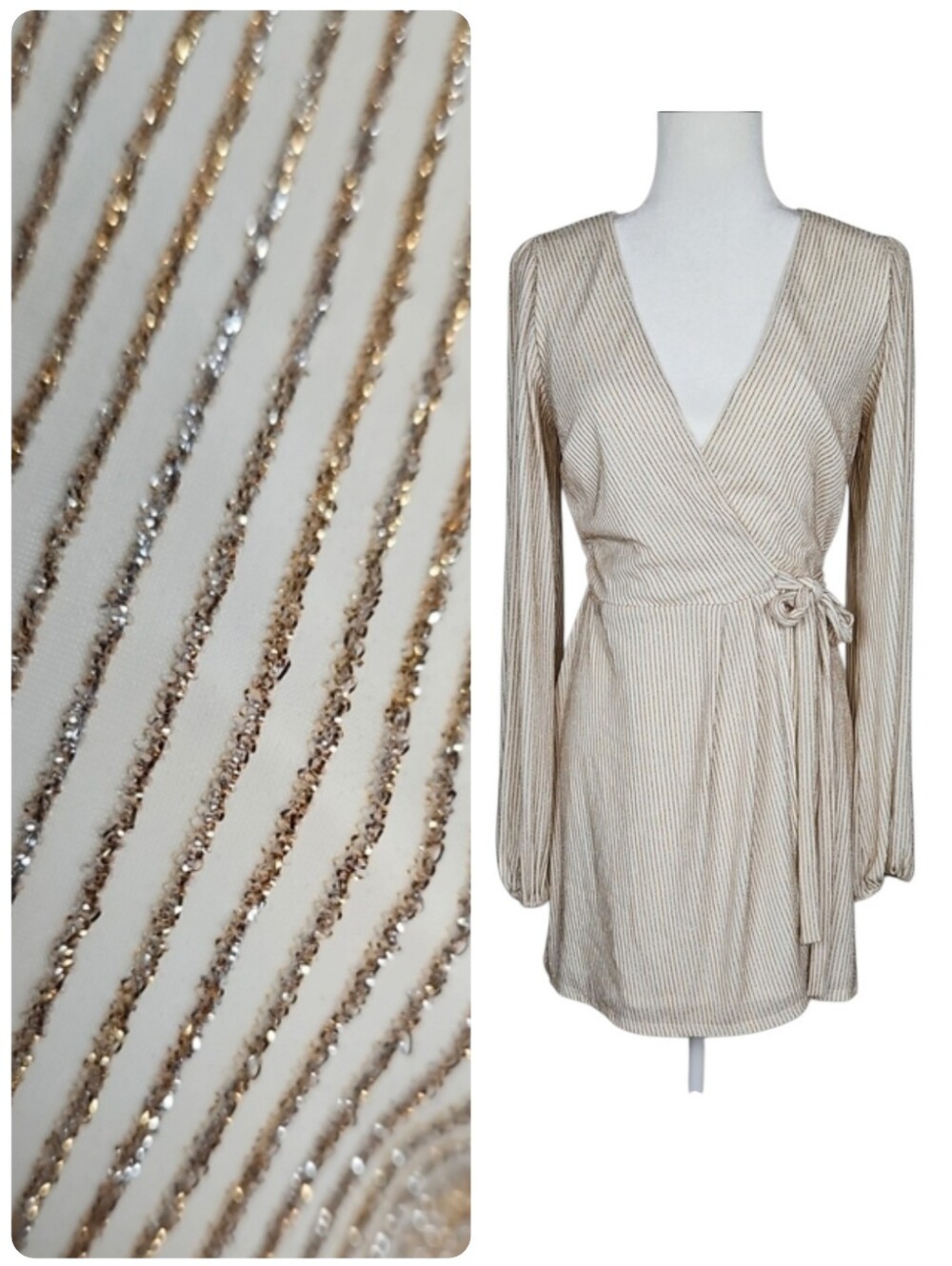 NWT Francesca's Claudia Cream Wrap Dress Gold Metallic Stripes Party Cocktail S
